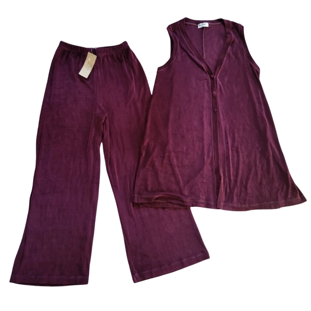 Vtg 90s BCBG Oversized Vest and Flowy Pants Set Womens Small Medium Burdundy